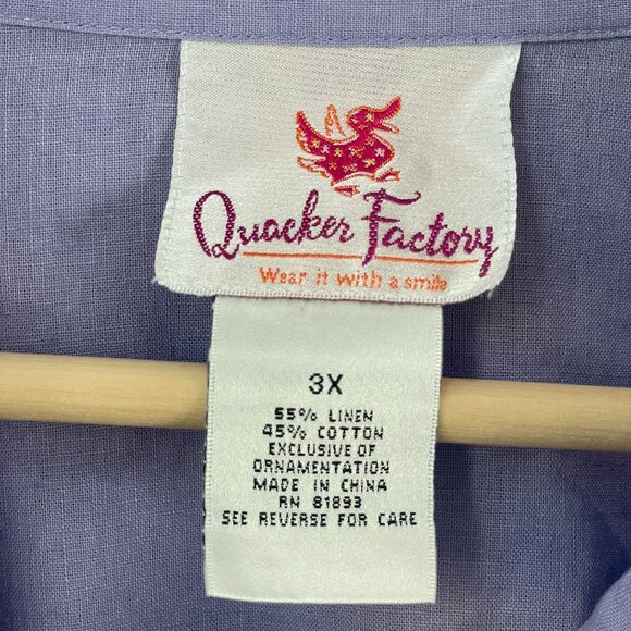 Quacker Factory Womens Plus 3X Lavender Linen Cotton Button Up Shirt Blouse - Picture 3 of 12